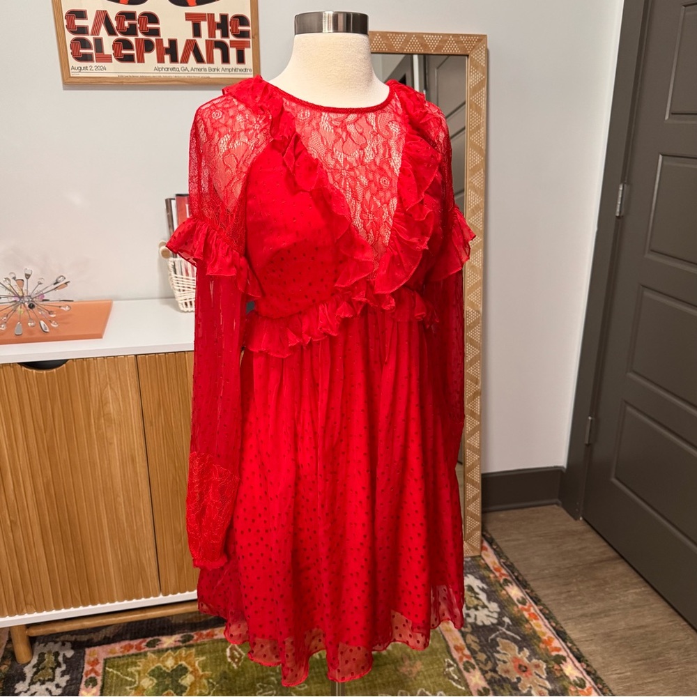 Free People Red Ruffle Swiss Dot Long-Sleeve Mini Dress XS